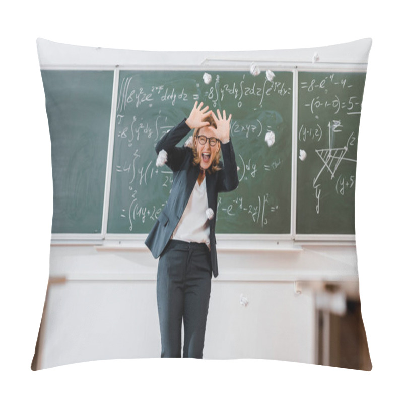 Personality  Crumpled Paper Balls Flying At Frightened Female Teacher In Classroom With Chalkboard On Background Pillow Covers