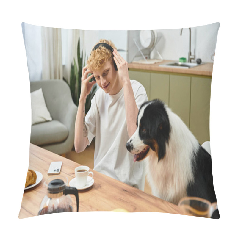 Personality  A Young Man With Red Hair Shares Breakfast At Home With His Playful Australian Shepherd Dog. Pillow Covers