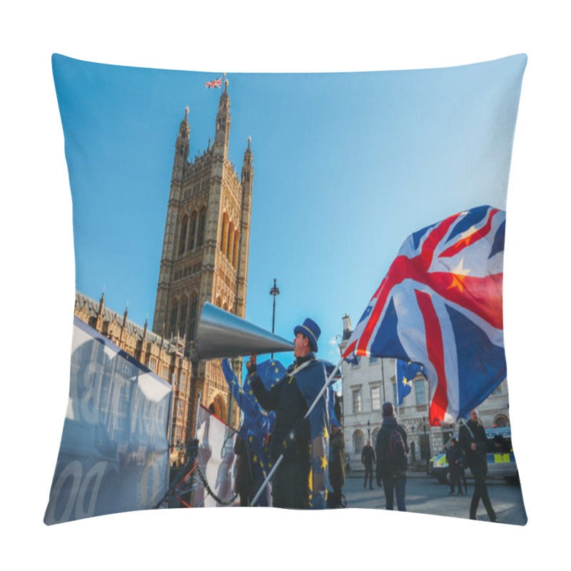 Personality  STEVE BRAY, Founder Of SODOM, Carrying Both A British And EU Flag Protests Against Brexit Outside Westminster London UK Pillow Covers