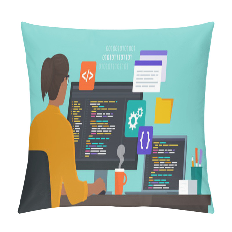 Personality  Professional Female Software Engineer Sitting At Desk And Working, She Is Programming And Checking The Code Pillow Covers