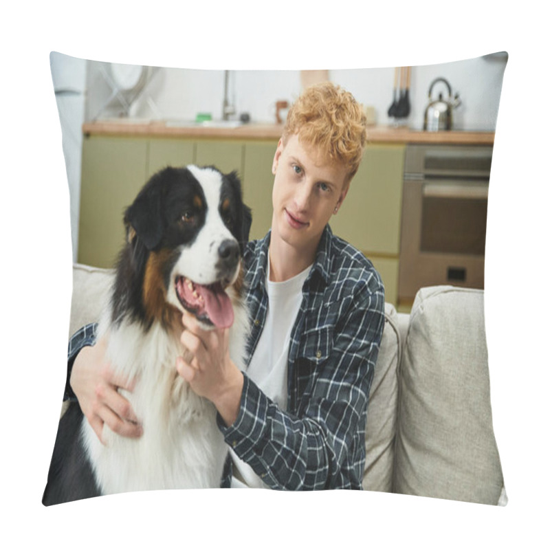 Personality  In A Modern Apartment, A Young Man With Red Hair Plays With His Cheerful Australian Shepherd. Pillow Covers