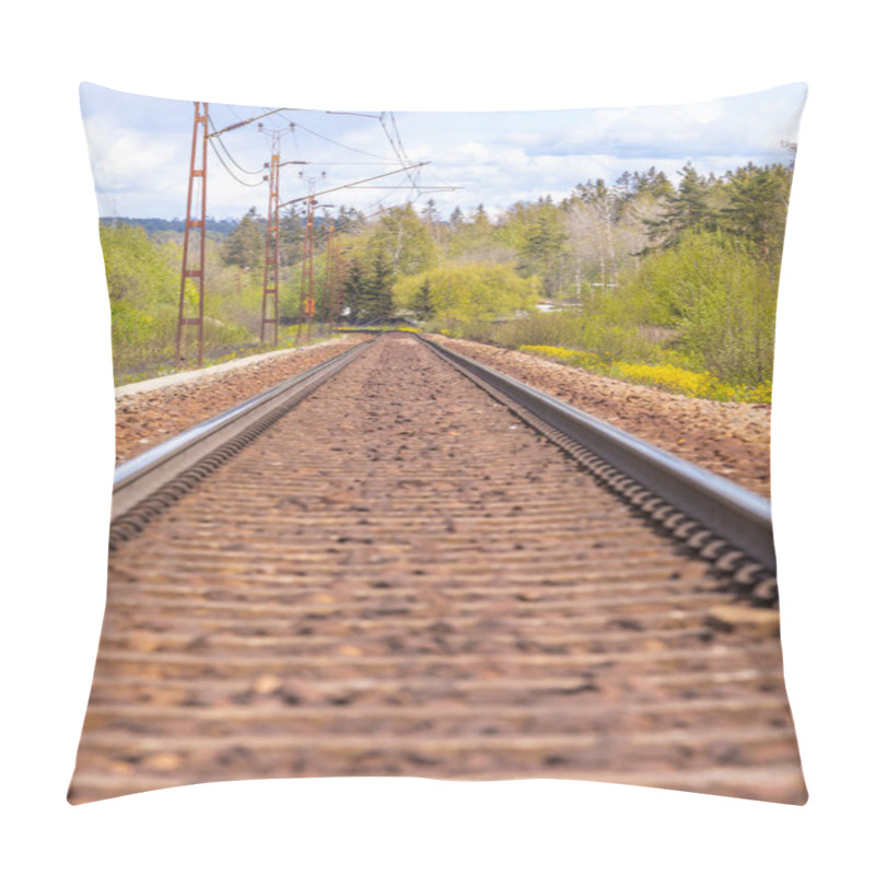 Personality  Railroad Track Between Green Trees Leading To The Horizon. Selective Focus Pillow Covers