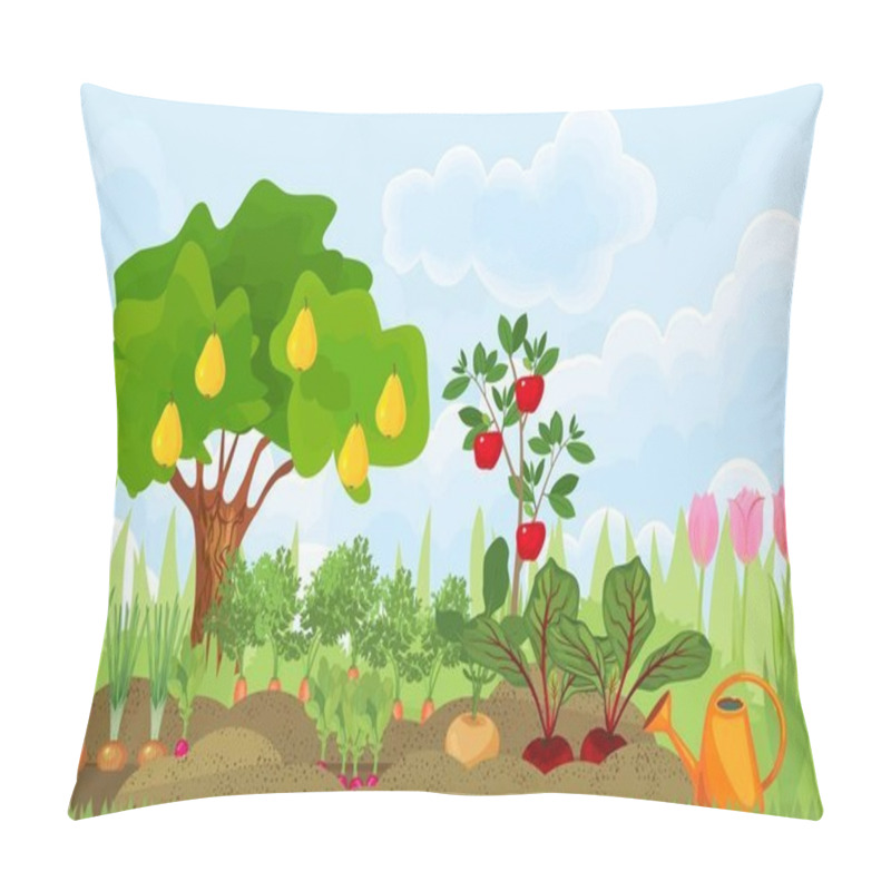 Personality  Kitchen Garden Or Vegetable Garden With Different Vegetables, Fruit Trees And Tulips Pillow Covers