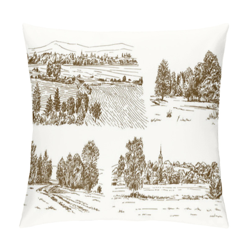 Personality  Countryside Village Landscape With Church And Houses. Hand Drawn Pillow Covers