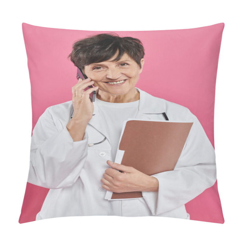 Personality  Mature Oncologist, Female Doctor Holding Folder And Talking On Smartphone, Breast Cancer Awareness Pillow Covers