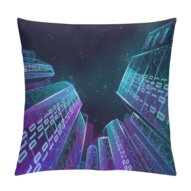 Personality  Low Poly Smart City 3D Wire Mesh. Intelligent Building Automation System Business Concept. Binary Code Number Data Flow. Architecture Urban Cityscape Technology Sketch Banner Vector Illustration Pillow Covers