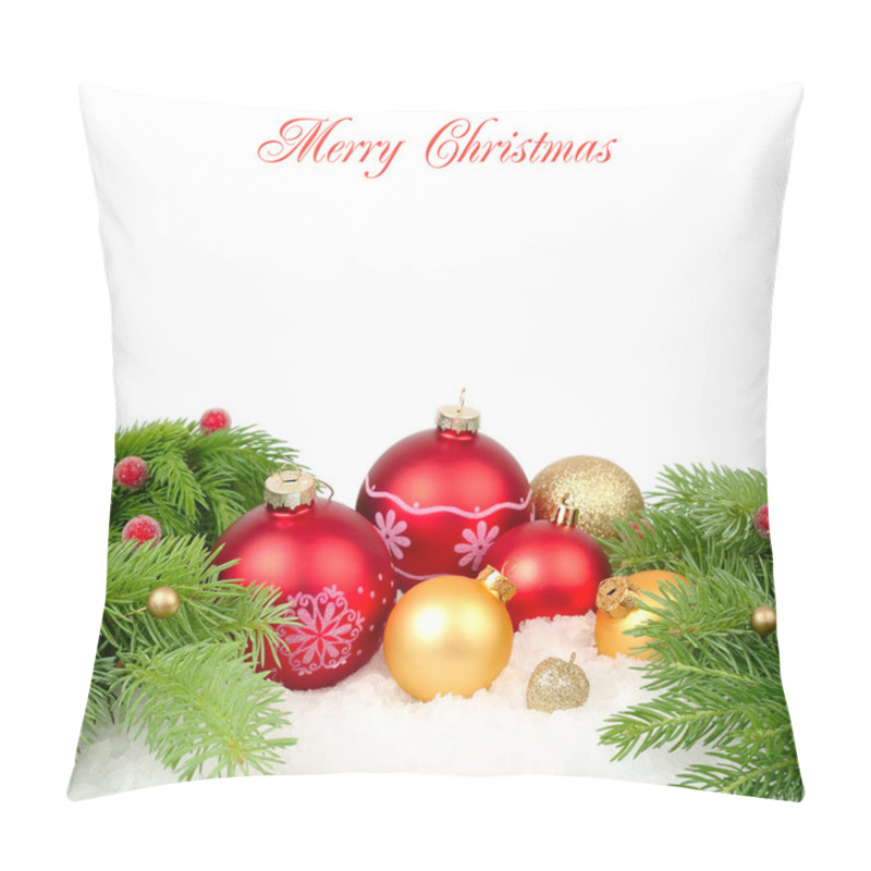 Personality  Red And Gold Christmas Balls On Branches Of A Christmas Tree On A White Background. A Christmas Background With A Place For The Text. Pillow Covers