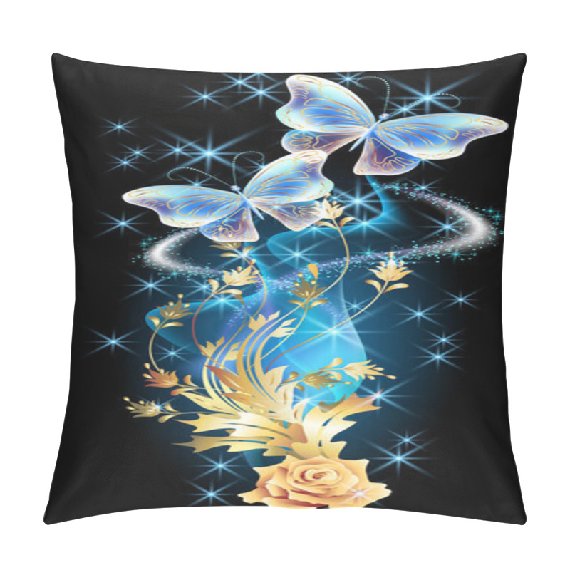 Personality  Transparent Butterflies With Golden Ornament And Glowing Firewor Pillow Covers