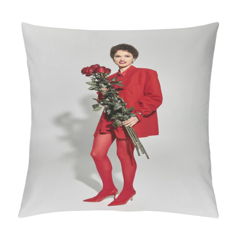 Personality  A Young Woman In A Red Outfit Holds Roses And Exudes Elegance. Pillow Covers