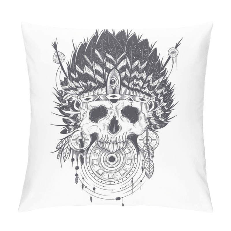 Personality  Vector Illustration Of A Human Skull In An Indian Feather Hat, Tattoo Template Pillow Covers