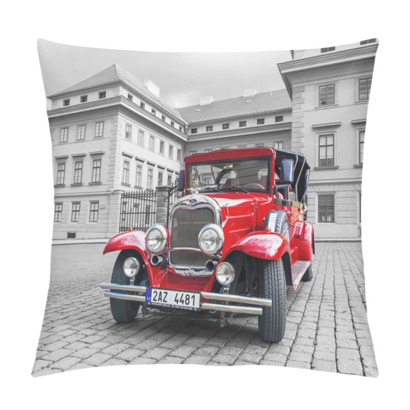 Personality   PRAGUE, CZECH REPUBLIC - MAY 17, 2016: A Red Retro Car On The S Pillow Covers