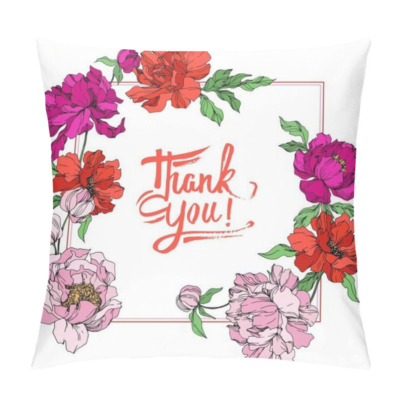 Personality  Beautiful Pink Peony Flowers With Green Leaves Isolated On White Background. Frame Border Ornament. Thank You Handwriting Calligraphy Pillow Covers