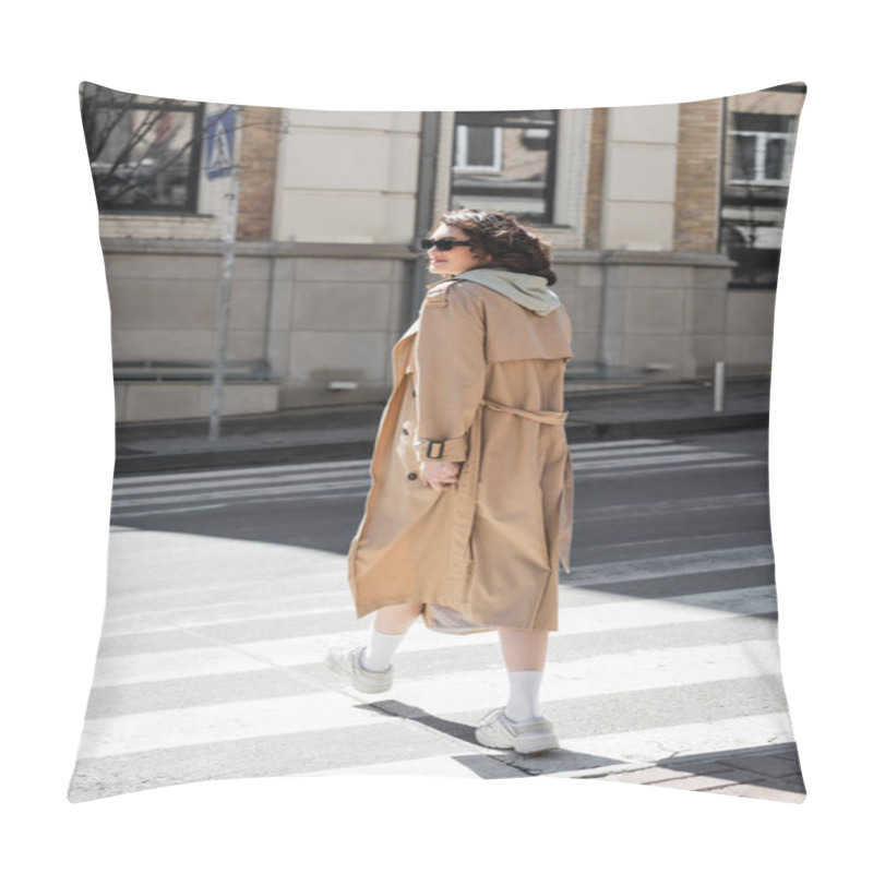 Personality  Full Length Of Fashionable Woman In Grey Hoodie, Beige Trench Coat And White Sneakers Crossing Road And Looking Away In European City, Travel Lifestyle, Urban Fashion  Pillow Covers