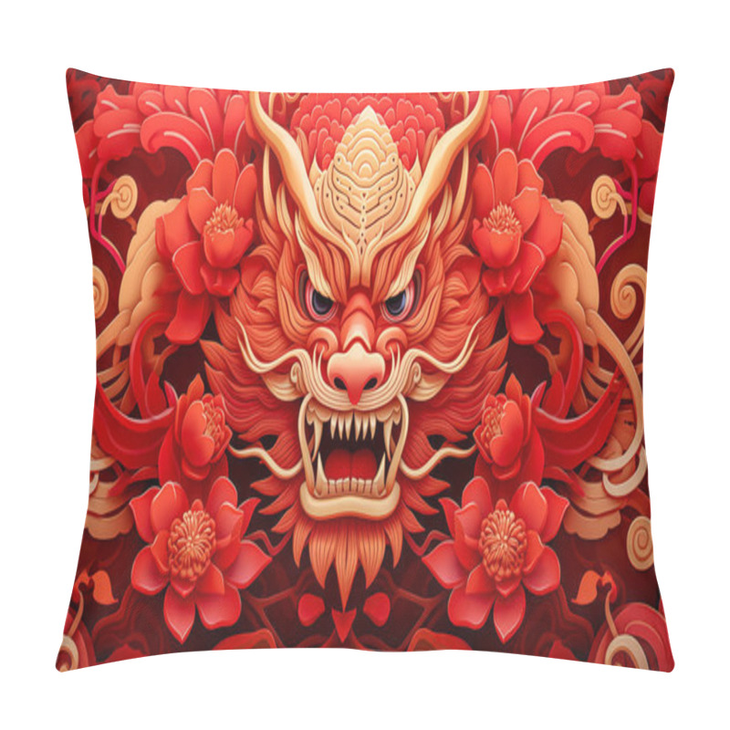 Personality  Close-up Of Red Chinese Dragon. Illustration Of Traditional Zodiac Dragon And Flowers. Happy Chinese New Year Backgrounds. Pillow Covers