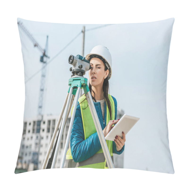 Personality  Surveyor With Digital Tablet Looking Through Measuring Level On Construction Site Pillow Covers