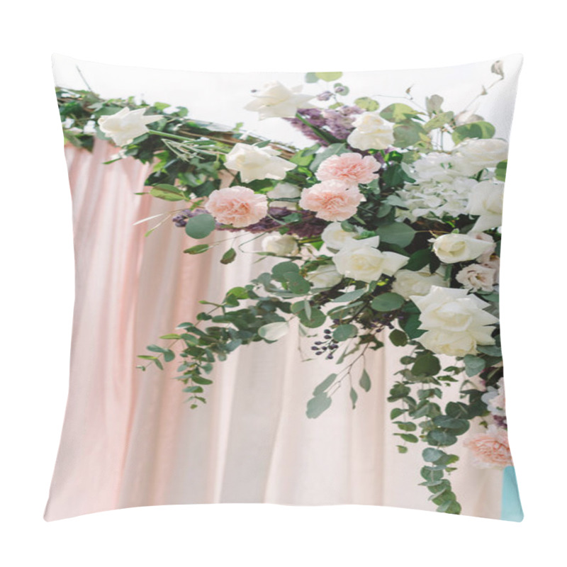 Personality  Wedding Decorations With Flowers. Pink Cloves With Gentle Petals And Flavor, White Roses Decorate Wedding Arch Pillow Covers