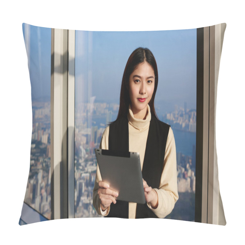 Personality  Young Asian Female Manager Is Using Digital Tablet  Pillow Covers