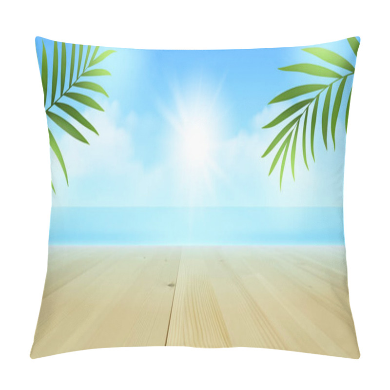 Personality  Vector Realistic Tropical Beach Background With Empty Wooden Table Top, Palm Leaves, Blue Sea And Sunny Sky  Pillow Covers