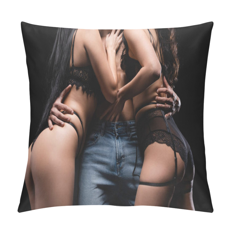 Personality  Cropped View Of Man In Jeans Hugging Passionate Women In Lace Lingerie Isolated On Black Pillow Covers