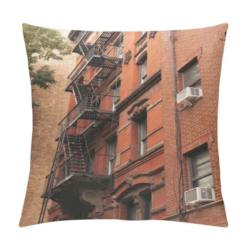 Personality  Low Angle View Of Brick Building With Metal Balconies And Fire Escape Ladders In New York City Pillow Covers