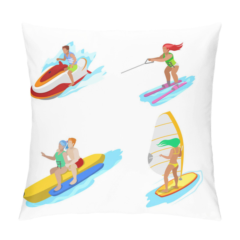 Personality  Isometric People On Water Activity. Woman Surfer, Water Skiing, Man Hydrocycle. Vector 3d Flat Illustration Pillow Covers