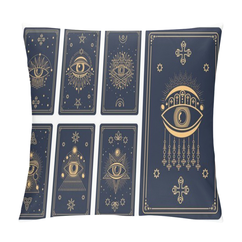 Personality  Magic Tarot Cards With Esoteric Symbols For Reverse Decks, Vector Mystic Signs. Tarot Cards Backgrounds With Magic Symbols Of Sun, Moon And Star With Eye In Mason Pyramid And Pentacle In Golden Line Pillow Covers