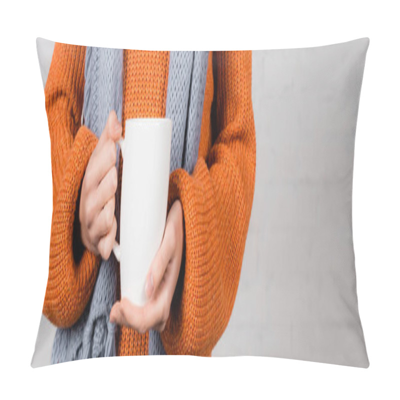 Personality  Cropped View Of Woman In Warm Sweater Holding Cup On White Background, Banner  Pillow Covers