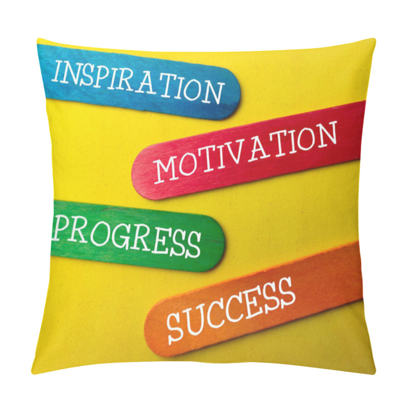 Personality  Word INSPIRATION MOTIVATION PROGRESS SUCCESS On A Yellow Background Pillow Covers