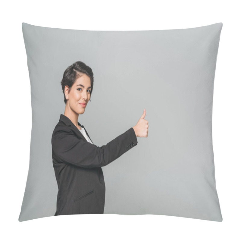 Personality  Smiling Mixed Race Businesswoman Showing Thumb Up And Looking At Camera Isolated On Grey Pillow Covers