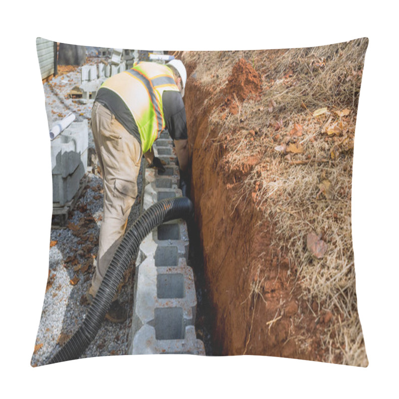 Personality  Engineers Are Devising Plan For Laying A Drainage Pipe For Rainwater In Retaining Wall. Pillow Covers