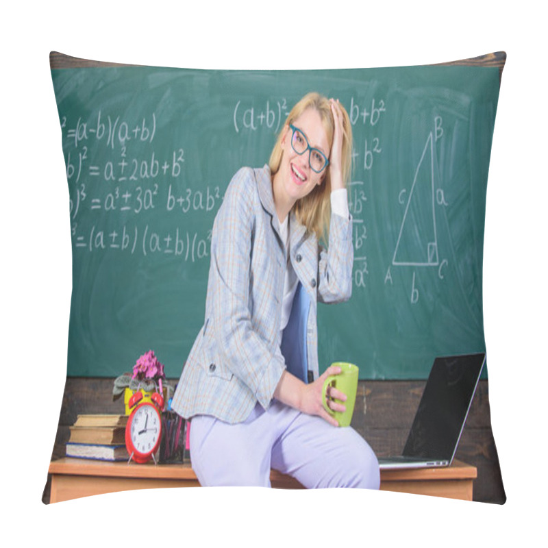 Personality  Working Conditions For Teachers. Working Conditions Which Prospective Teachers Must Consider. Woman Smiling Teacher Holds Mug Drink Sit Table Classroom Chalkboard Background. Take A Break To Relax Pillow Covers