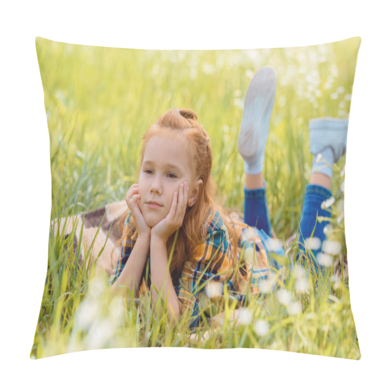 Personality  Portrait Of Little Pensive Child Resting On Green Grass In Meadow Pillow Covers