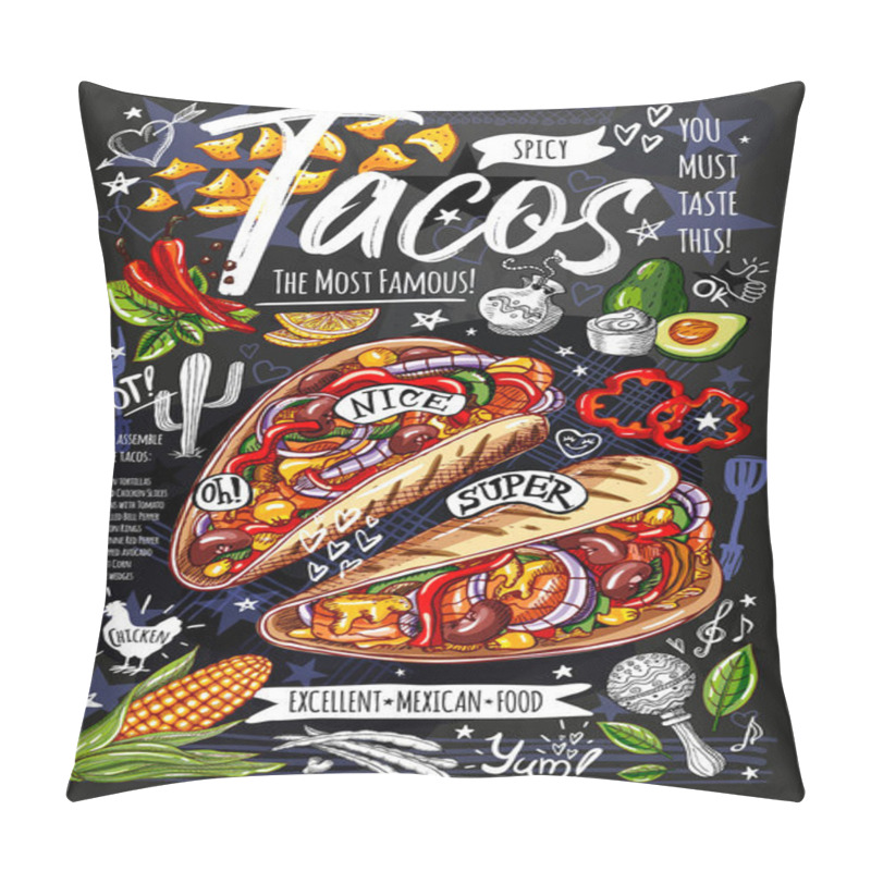 Personality  Food Poster, Ad, Fast Food, Menu, Mexican Cuisine, Nachos, Burritos, Tacos, Snack. Avocado, Cheese, Bean, Corn, Chicken. Yummy Cartoon Style Vector Pillow Covers