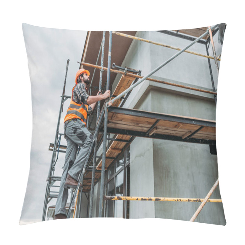 Personality  Handsome Builder Climbing On Scaffolding At Construction Site Pillow Covers