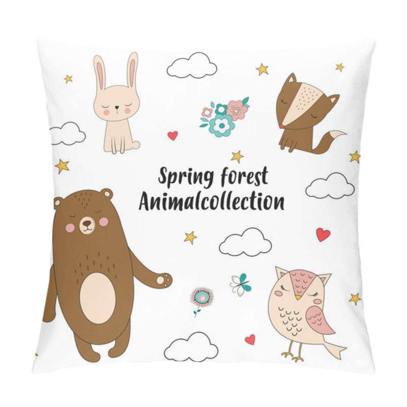 Personality  Vector Set Of Cute Woodland And Forest Animals, Card With Bear, Owl, Fox, Rabbit, Cloud, Flowers And Text Spring Forest Animal Collection Pillow Covers