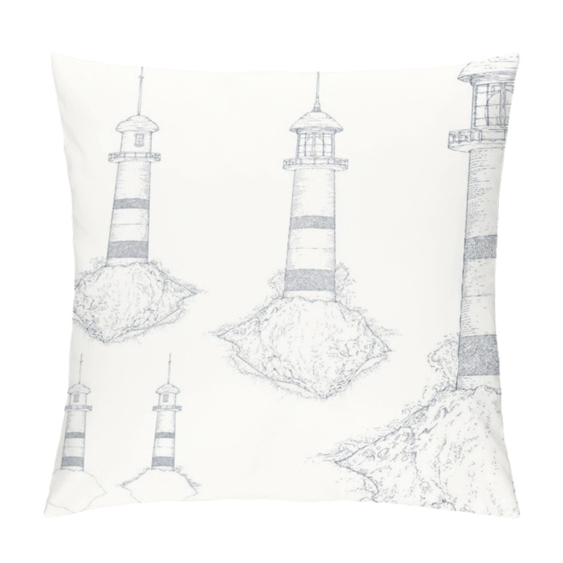 Personality  Lighthouse, Night Beacon, Isolated On White. Black And White Ink Realistic Sketch, Hand Drawn Vector Illustration, Engraving Style. Nautical Concept Design, Sea Storm Pillow Covers