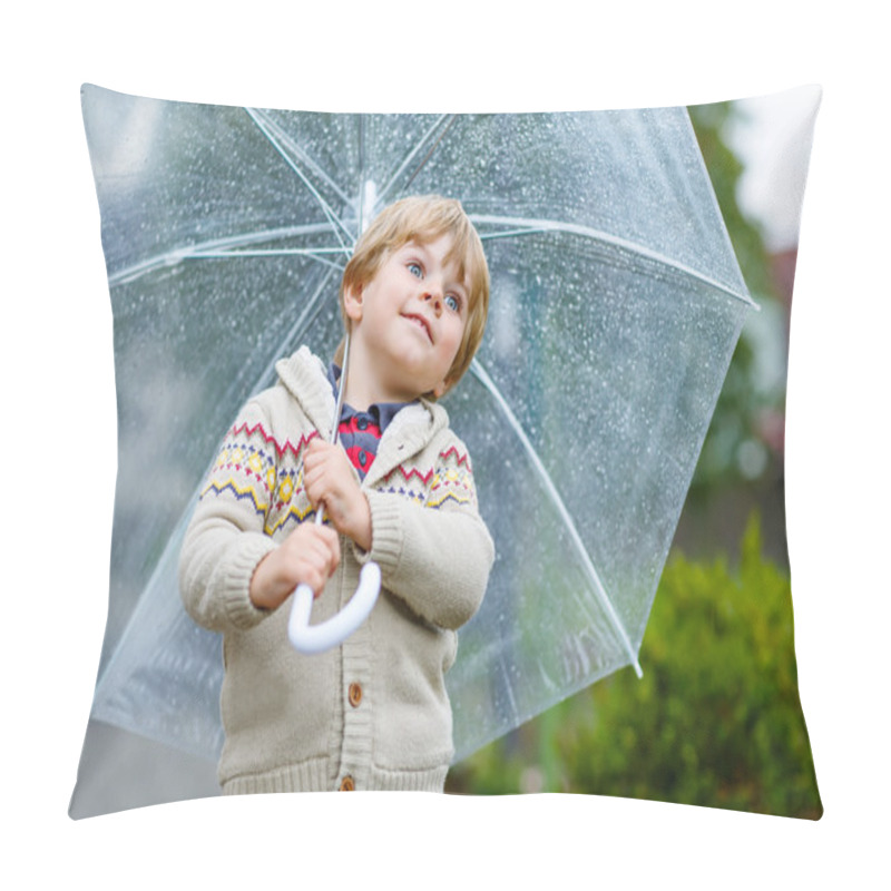 Personality  Little Blond Kid Boy Walking With Big Umbrella Outdoors Pillow Covers