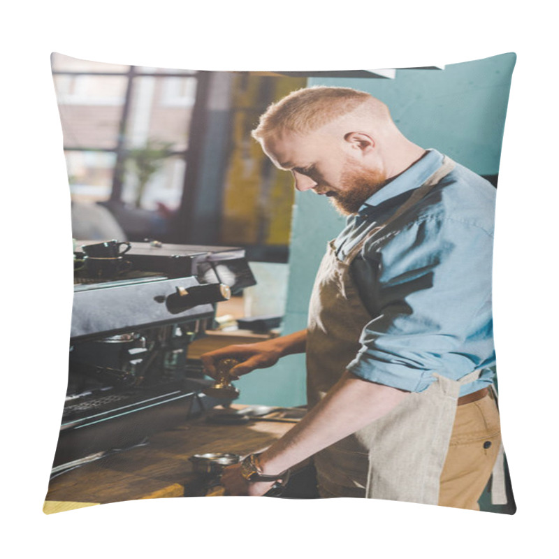 Personality  Side View Of Young Male Barista Using Coffee Machine  Pillow Covers