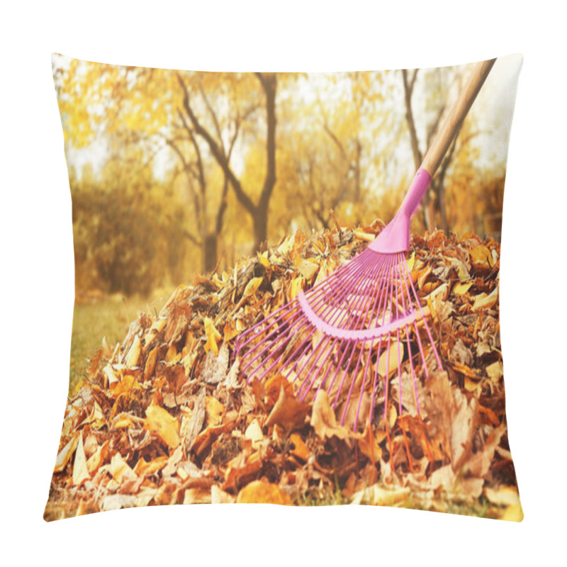 Personality  Fan Rake And Pile Of Fallen Leaves In Autumn Park, Close Up View Pillow Covers