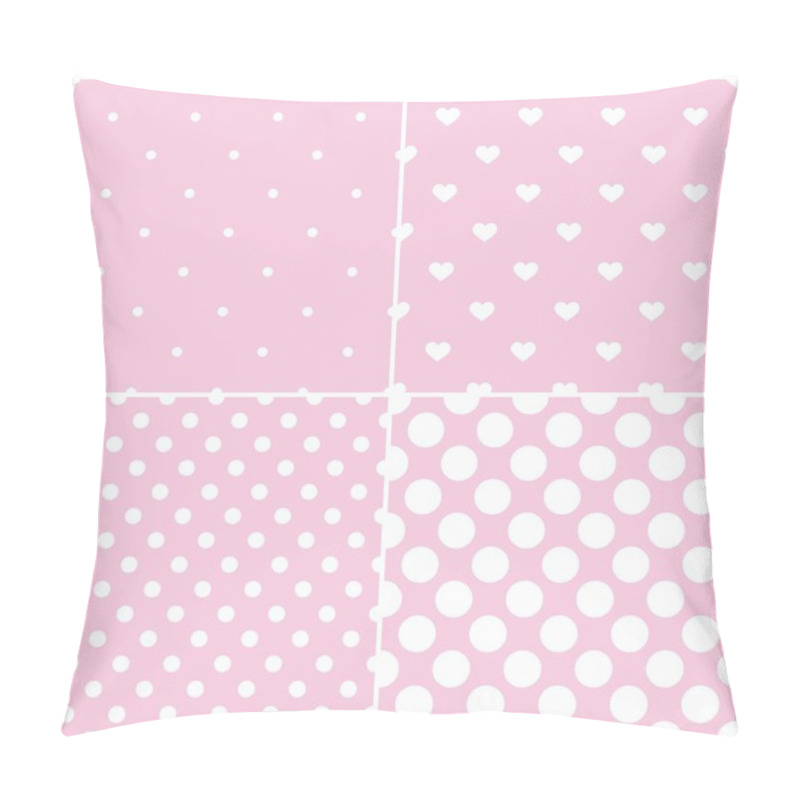 Personality  Cute Pink Tile Vector Pattern Set With White Polka Dots And Hearts On Pastel Background Pillow Covers