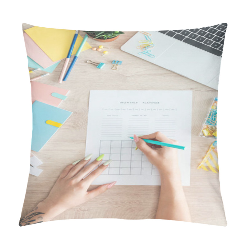 Personality  Cropped View Of Woman Sitting Behind Wooden Table With Laptop And Stationery, Writing Notes In Monthly Planner Pillow Covers