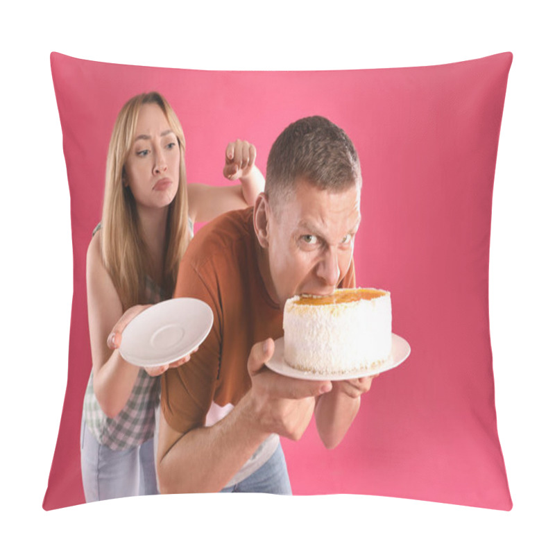 Personality  Greedy Man Hiding Tasty Cake From Woman On Pink Background Pillow Covers