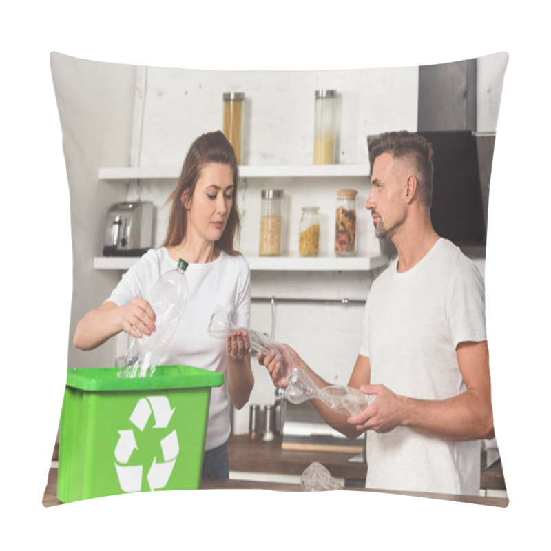 Personality  Husband And Wife Standing At Kitchen And Putting Empty Plastic Bottles In Recycle Box  Pillow Covers