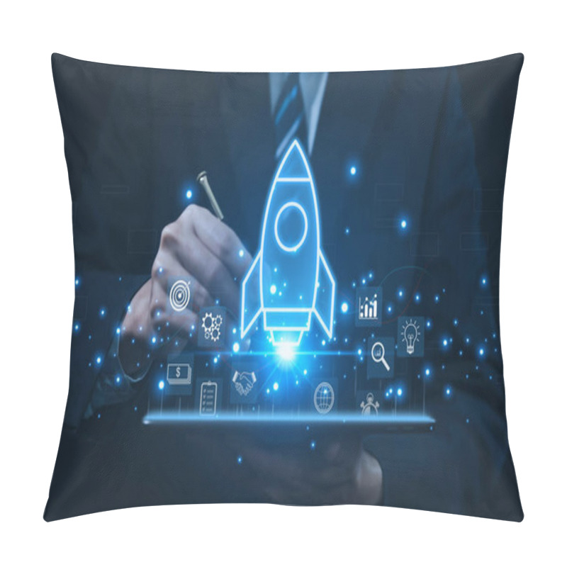 Personality  The Tablet Shows A Rocket And An Icon. Concept Of Startup Business, Entrepreneurship Idea, And Online Digital Business. Network Connection On The Interface Marketing, Technology, And Success Pillow Covers