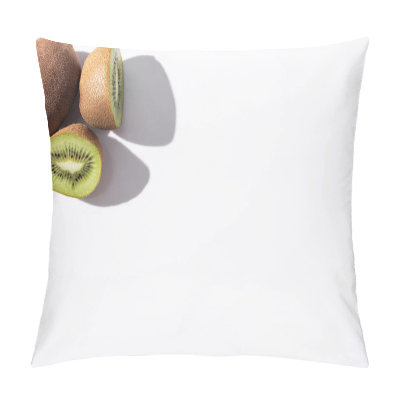 Personality  Top View Of Whole Kiwi Fruit Near Halves On White With Copy Space  Pillow Covers