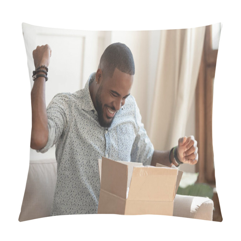 Personality  Excited African Man Customer Receive Open Parcel Box At Home Pillow Covers