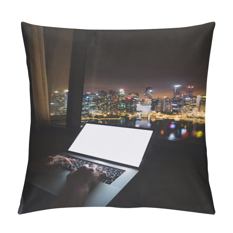 Personality   Woman Freelancer Is Working Using Laptop Computer In Home Office At Night. Aerial City Skyline View From Window. Freelance Lifestyle Pillow Covers