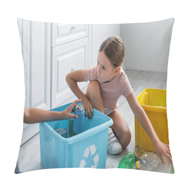 Personality  Girl Sitting Near Brother, Boxes With Trash And Recycle Sign In Kitchen  Pillow Covers