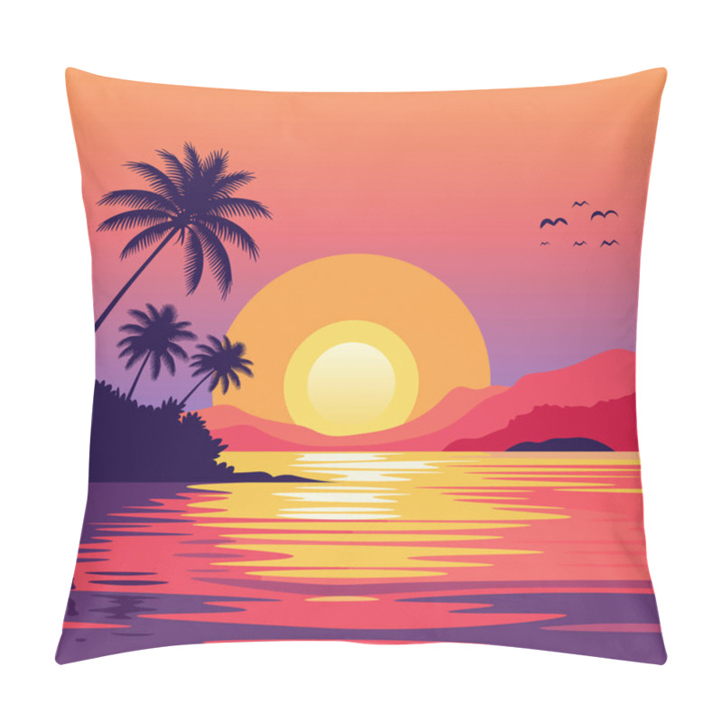 Personality  A Beautiful Tropical Sunset Scene With Palm Trees, Calm Waters, And Vivid Orange, Pink, And Purple Hues. Vector Pillow Covers