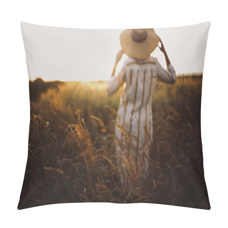 Personality  Herbs And Grasses In Sunset Light On Background Of Blurred Woman In Summer Meadow. Wildflowers Close Up In Warm Light And Rustic Girl Relaxing In Evening In Countryside. Tranquil Moment Pillow Covers